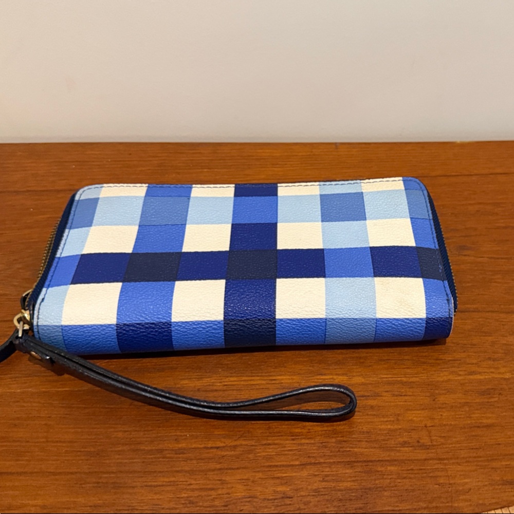 Kate spade blue plaid check gingham Continental wallet wristlet
